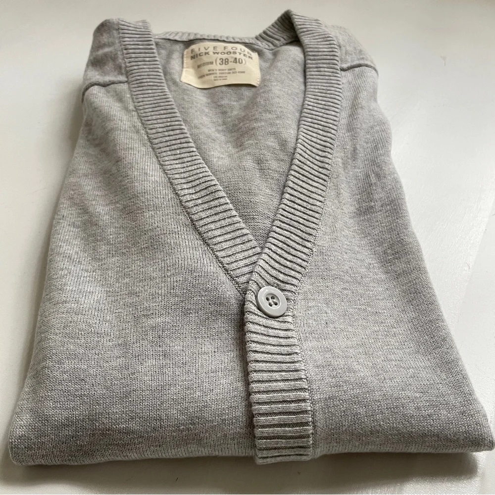 Five Four Nick Wooster Mens M Gray Cotton Cardigan Sweater Varsity Stripe